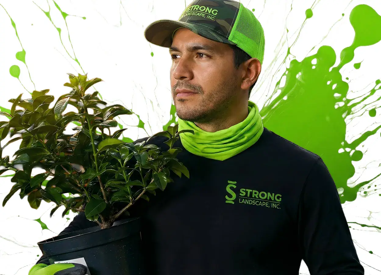 Strong Landscape design and build crew member in branded uniform